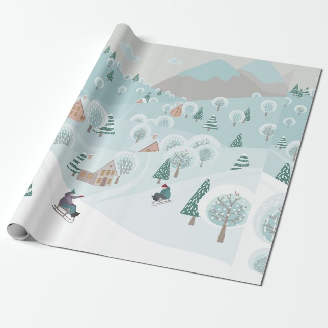 Winter landscape with snow, trees and children on  wrapping paper (Unrolled)