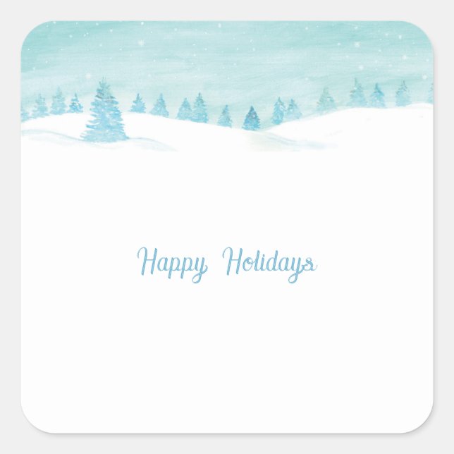 Winter Landscape With Spruce Trees Happy Holidays Square Sticker (Front)