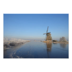 Winter landscape with windmill and ice photo print