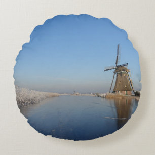 Winter landscape with windmill and ice round cushion
