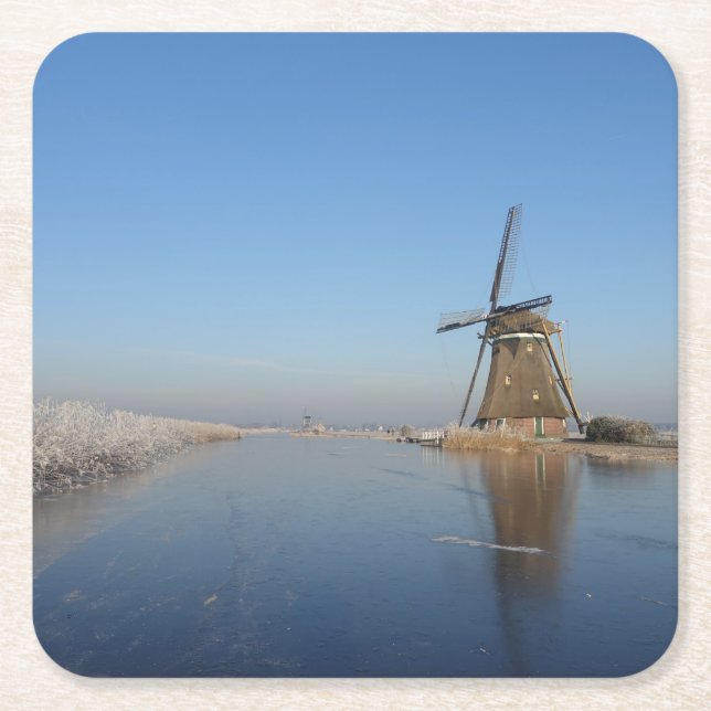 Winter landscape with windmill and ice square paper coaster (Front)