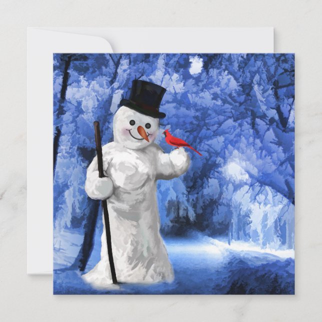 Winter Lane Snowman with Red Cardinal Painting Holiday Card (Front)