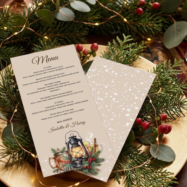 Winter Lantern Cosy Drinks Rehearsal Dinner Menu (Winter Menu with Cozy Lantern, Warm Drinks and Snow Flurry by Darling & May)