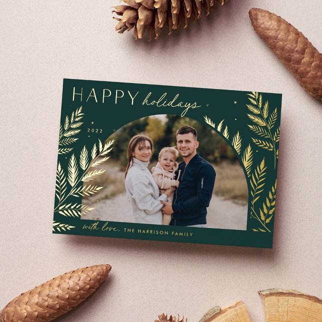 Winter Laurel | Happy Holidays Photo Foil Holiday Card (Creator Uploaded)