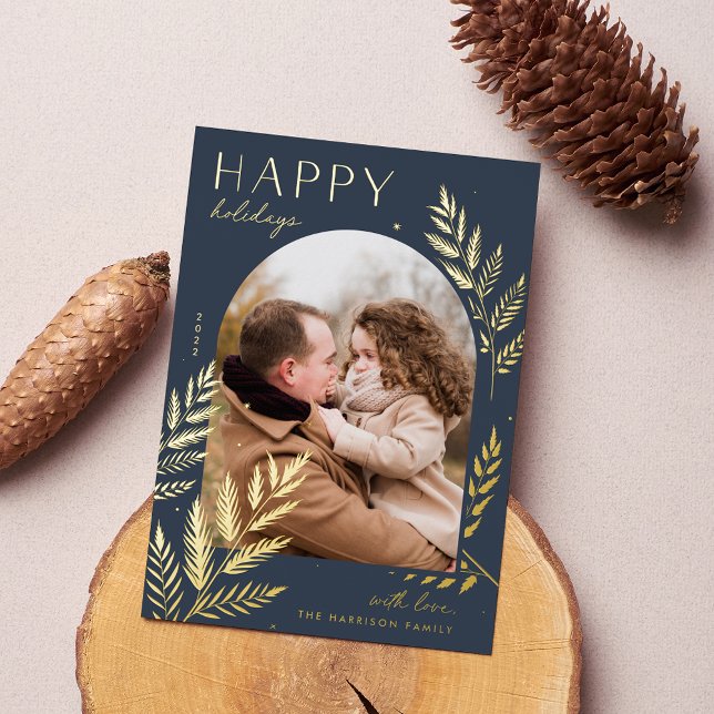 Winter Laurel | Happy Holidays Photo Foil Holiday Card (Creator Uploaded)