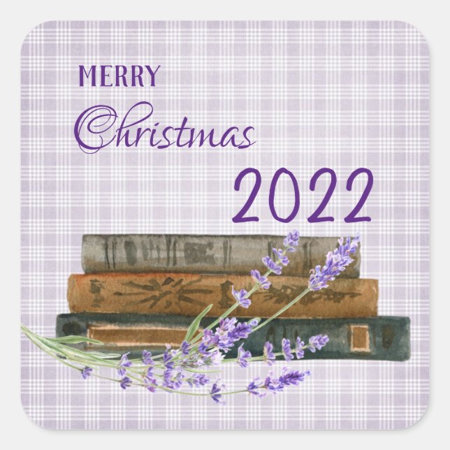 Winter Lavender Book Merry Christmas Happy Holiday Square Sticker (Front)
