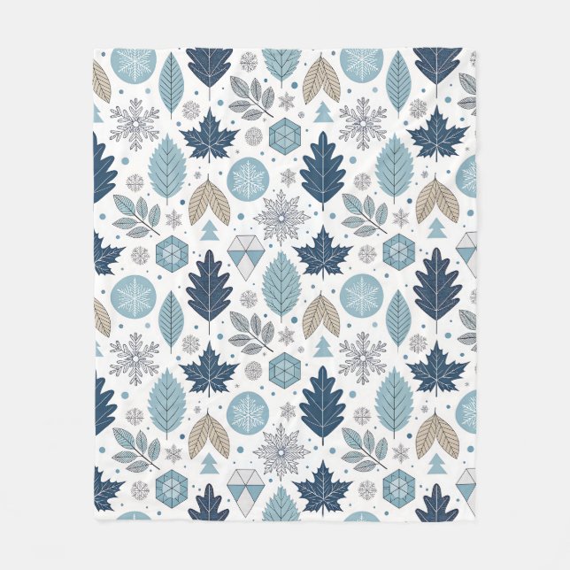 Winter Leaves and Snow Shapes Fleece Blanket (Front)