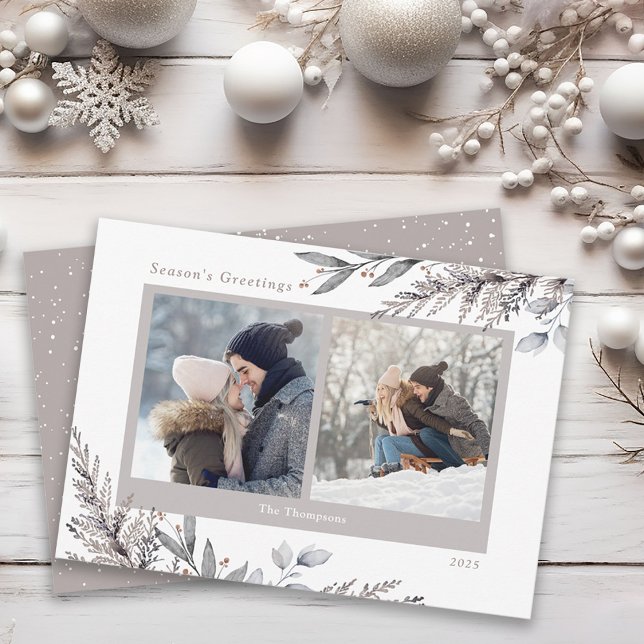 Winter Leaves and Sprigs Watercolor 2 Photos Holiday Card (Creator Uploaded)