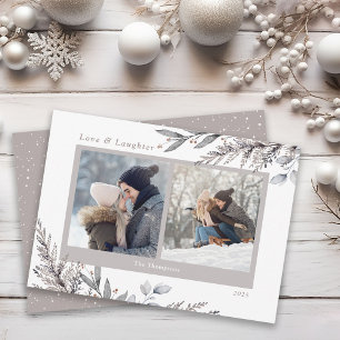 Winter Leaves and Sprigs Watercolor 2 Photos Holiday Card
