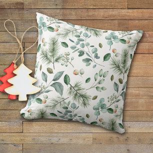 Winter Leaves Berries and Pine Needle Pattern Cushion