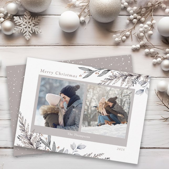 Winter Leaves & Sprigs Watercolor 2 Photos Holiday Card (Creator Uploaded)