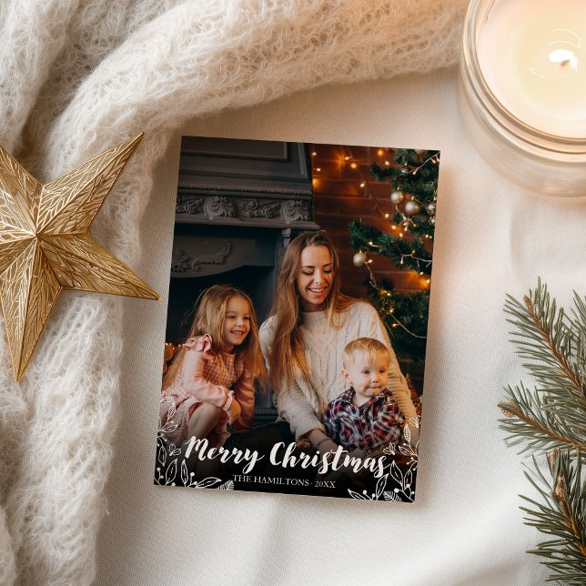 Winter Leaves White Script Photo Merry Christmas Postcard (Creator Uploaded)