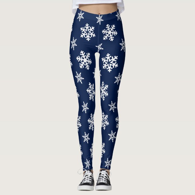 Winter Leggings, White Snowflakes on Midnight Blue Leggings (Front)