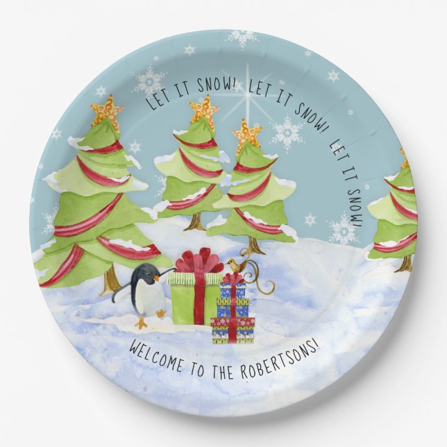 Winter Let it Snow Christmas Trees Penguin Name Paper Plate (Front)