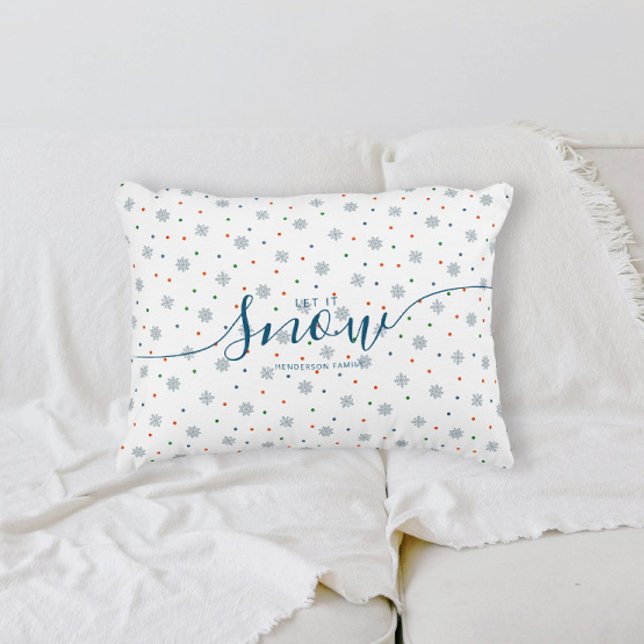 Winter Let it snow white custom Decorative Cushion (Elegant Let it snow personalized pillow with snowflakes and dots)