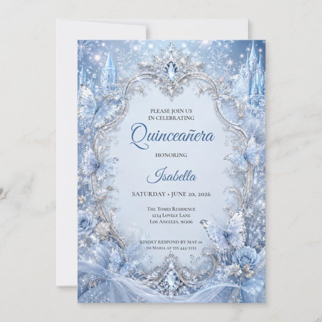 Winter Light Blue Silver Princess Quinceañera Invitation (Front)