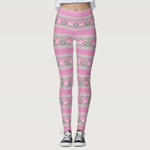 Winter Light Pink and White Christmas Fair Isle Leggings