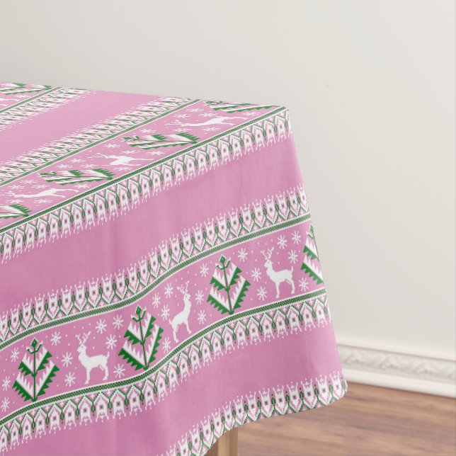 Winter Light Pink and White Christmas Fair Isle Tablecloth (In Situ)