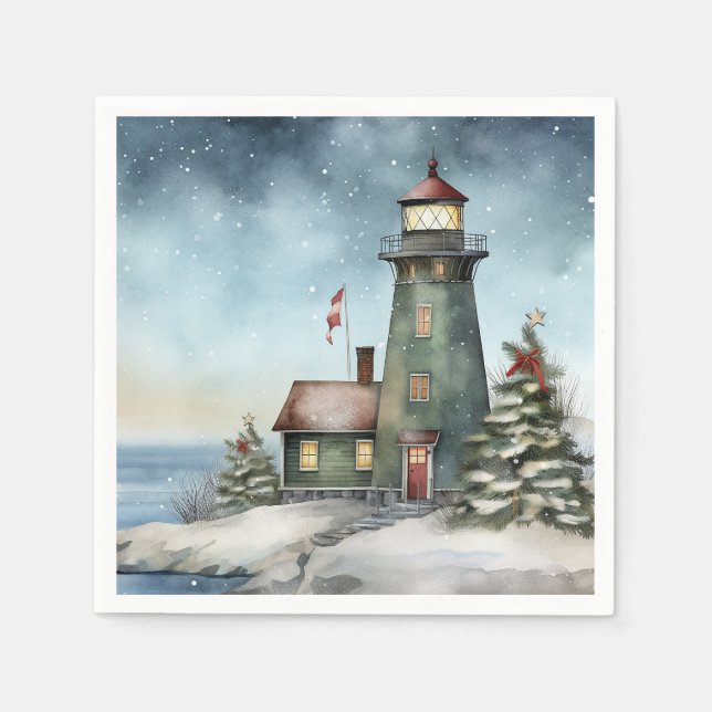 Winter Lighthouse Nautical Beach Christmas Holiday Napkin (Front)