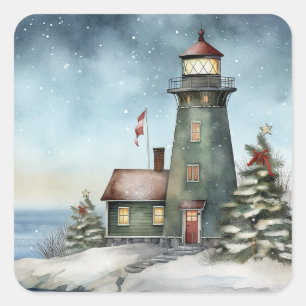 Winter Lighthouse Nautical Beach Christmas Holiday Square Sticker