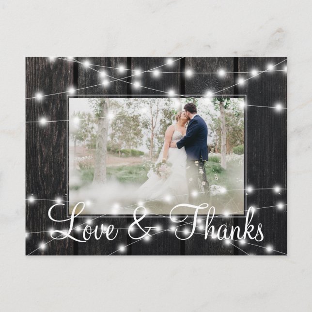 Winter lights barn wood photo wedding thank you announcement postcard (Front)