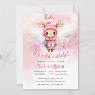 Winter little pink baby reindeer in snow forest invitation