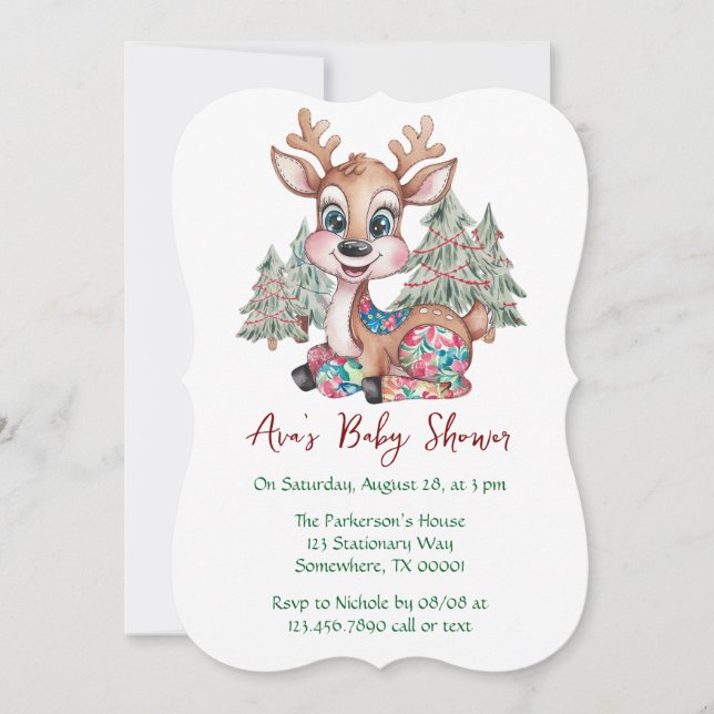 Winter Little Reindeer Sewn Patchwork Baby Shower Invitation (Front)