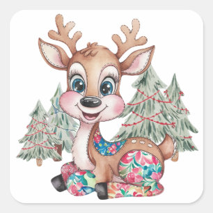 Winter Little Reindeer Sewn Patchwork Baby Shower Square Sticker