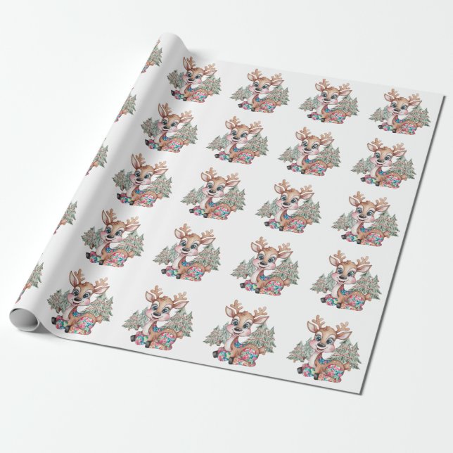 Winter Little Reindeer Sewn Patchwork Baby Shower Wrapping Paper (Unrolled)