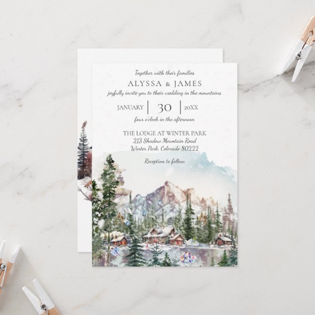 Winter Lodge in the Mountains Wedding Invitation (Front/Back In Situ)