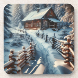 Winter Log Cabin on a Snowy Day Christmas Coaster