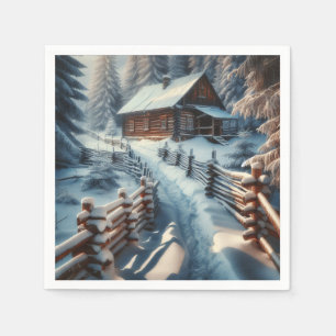 Winter Log Cabin on a Snowy Day Christmas Napkin