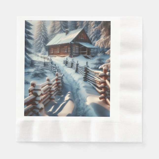Winter Log Cabin on a Snowy Day Christmas Napkin (Front)