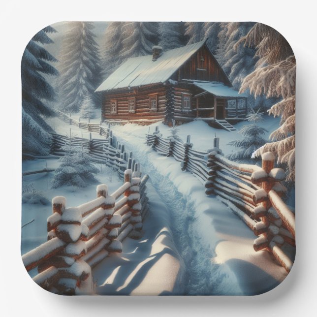 Winter Log Cabin on a Snowy Day Christmas Paper Plate (Front)