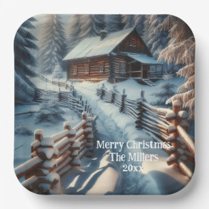 Winter Log Cabin on a Snowy Day Christmas Paper Plate