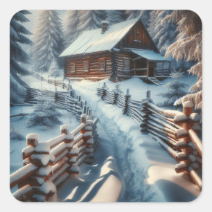 Winter Log Cabin on a Snowy Day Christmas Square Sticker