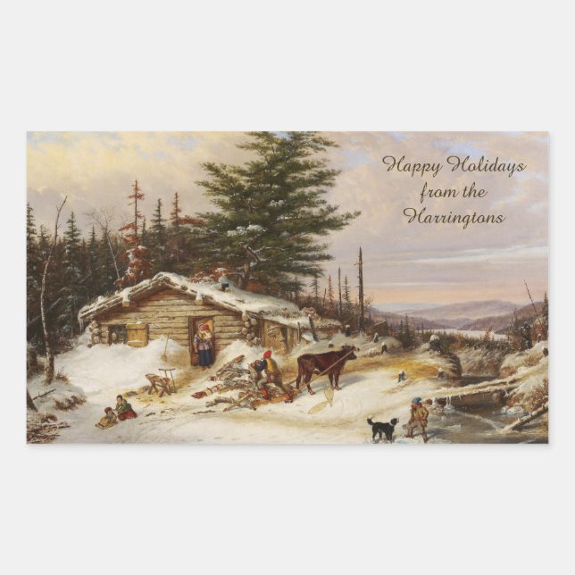 Winter Log House art custom text stickers (Front)