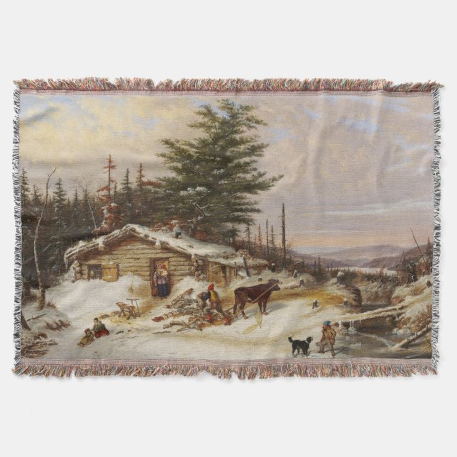 Winter Log House art throw blanket (Front)
