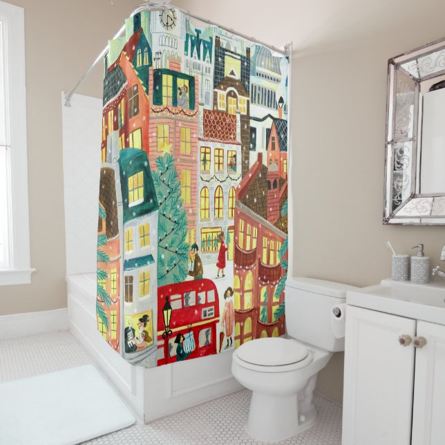 Winter London City snow illustration Christmas  Shower Curtain (In Situ)