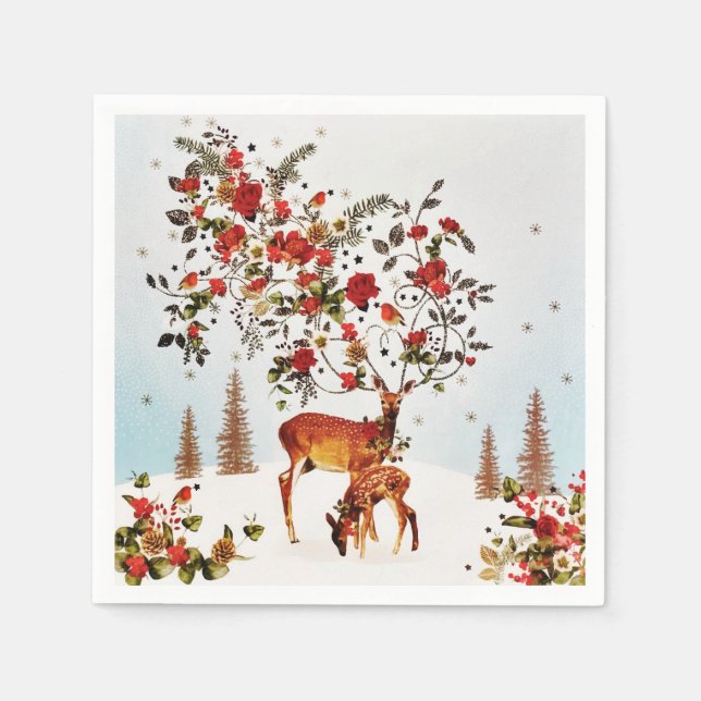 Winter Love Bird Christmas Tree Watercolor Napkin (Front)