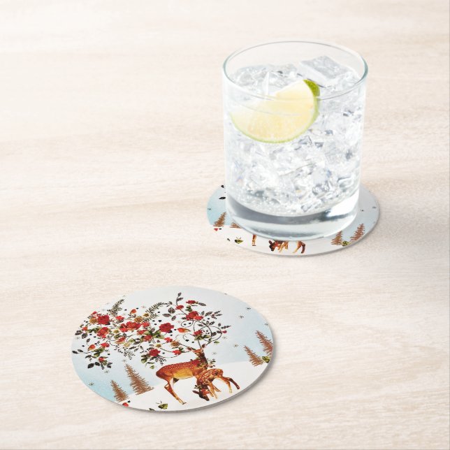 Winter Love Bird Christmas Tree Watercolor Round Paper Coaster (Insitu)