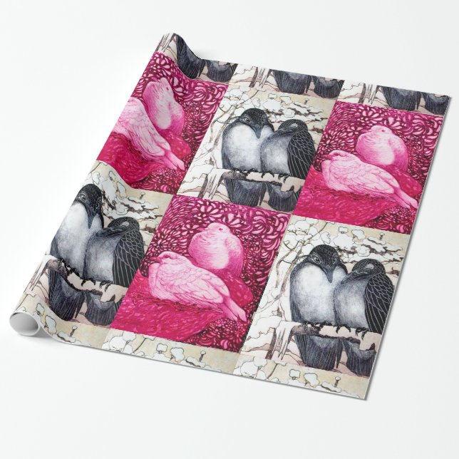 WINTER LOVE BIRDS AND WHITE DOVES IN PINK FUCHSIA WRAPPING PAPER (Unrolled)