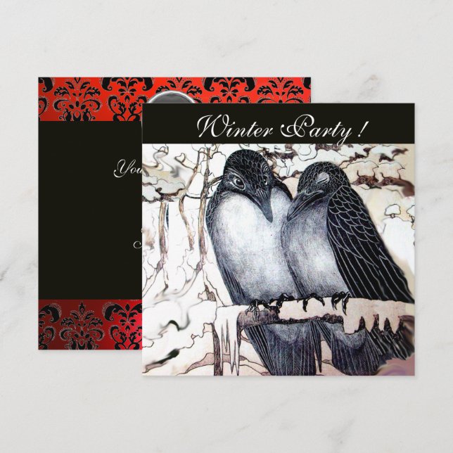 WINTER LOVE BIRDS BLACK WHITE RED DAMASK MONOGRAM INVITATION (Front/Back)