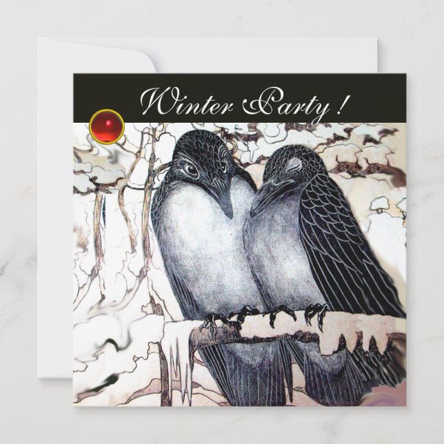 WINTER LOVE BIRDS BLACK WHITE RED GEM MONOGRAM INVITATION (Front)