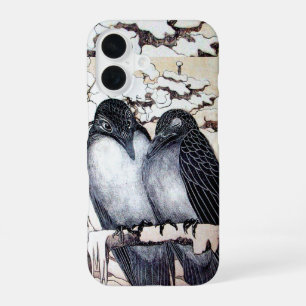 WINTER LOVE BIRDS IN SNOW Black and White Drawing iPhone 16 Case