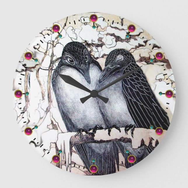 WINTER LOVE BIRDS IN SNOW Black and White Drawing Large Clock (Front)