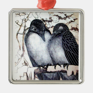 WINTER LOVE BIRDS IN SNOW Black and White Drawing Metal Tree Decoration