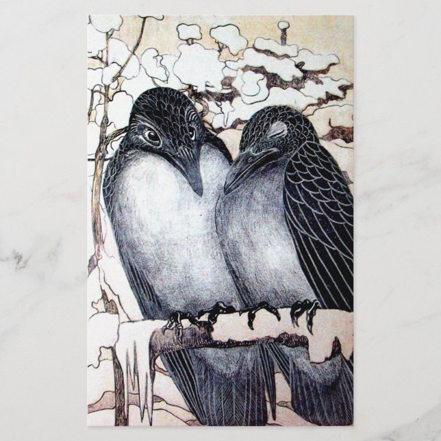 WINTER LOVE BIRDS IN SNOW Black and White Drawing Stationery (Front)