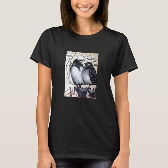 WINTER LOVE BIRDS IN SNOW Black and White Drawing T-Shirt (Front)