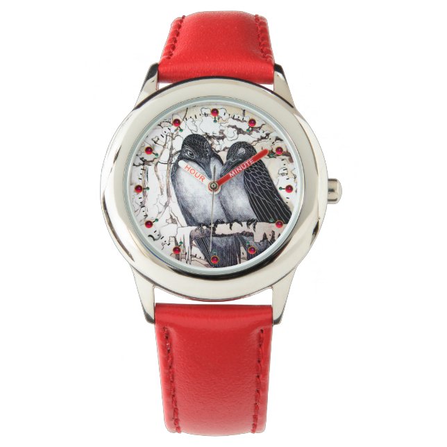 WINTER LOVE BIRDS IN SNOW Black and White Drawing Watch (Front)